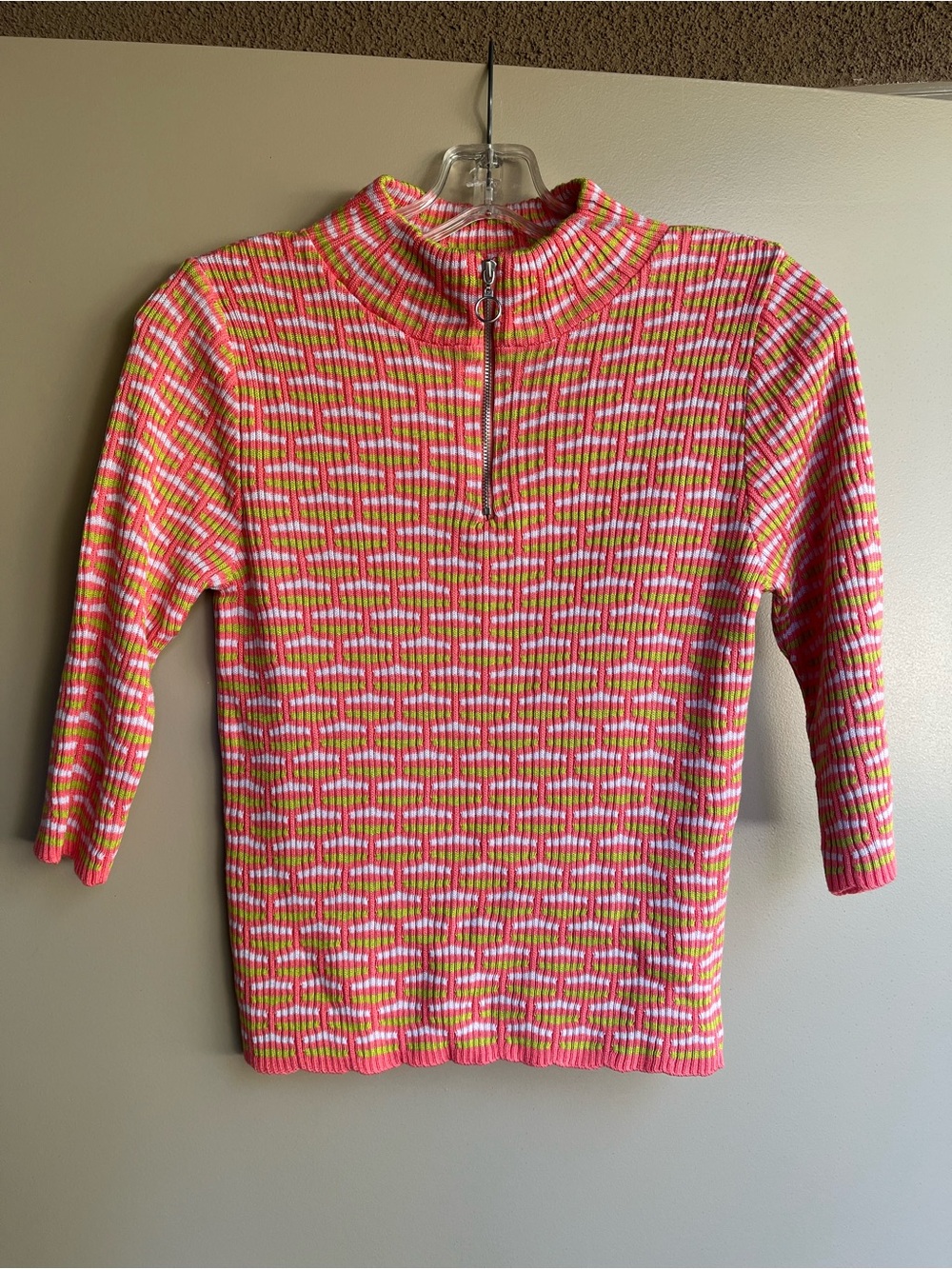 ASOS Pink, White & Lime Striped Ribbed Half-Zip Top sz8